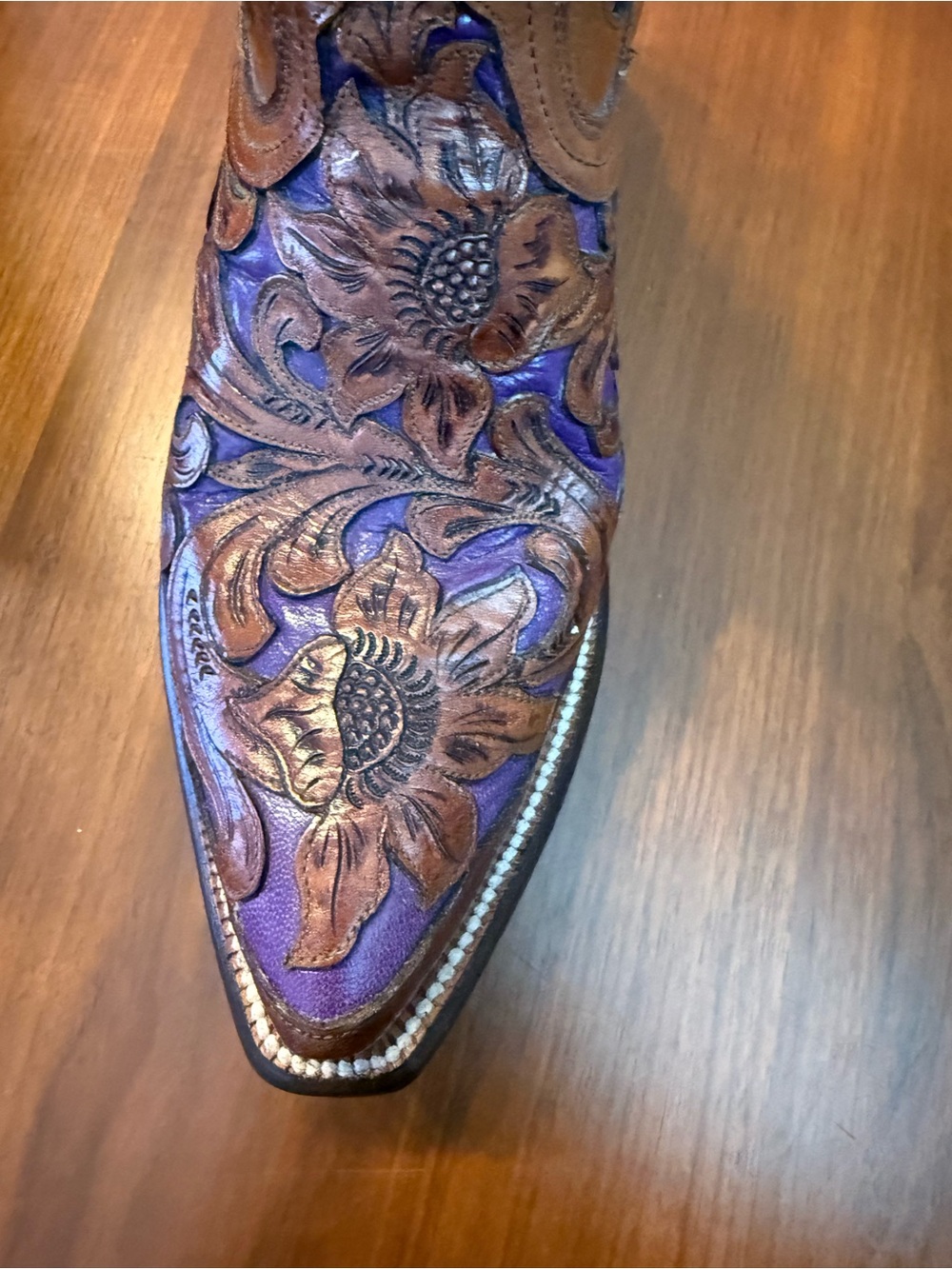 Leddy Purple and Brown Floral Tooled Western Heeled Boots